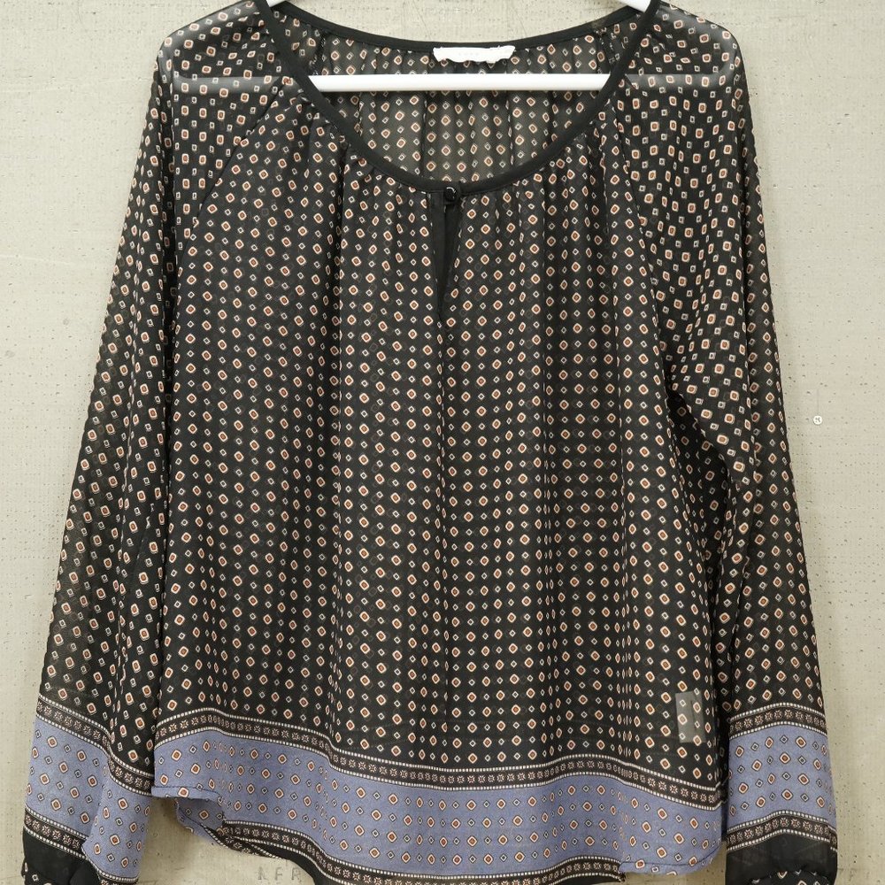 LUSH Large Ladies Sheer Summer Blouse Black & Blue Polkadot Floral